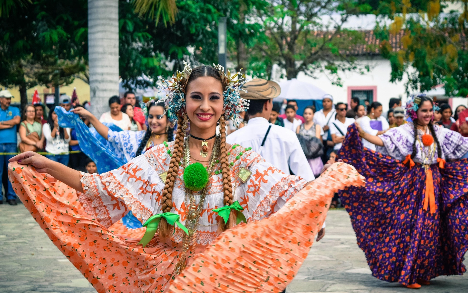 Traditional Costa Rican Tica lady dancing in the street carnival